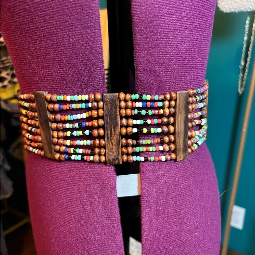 Brown Plastic Wooden and Multi Color Beaded Stretchy Statement Belt